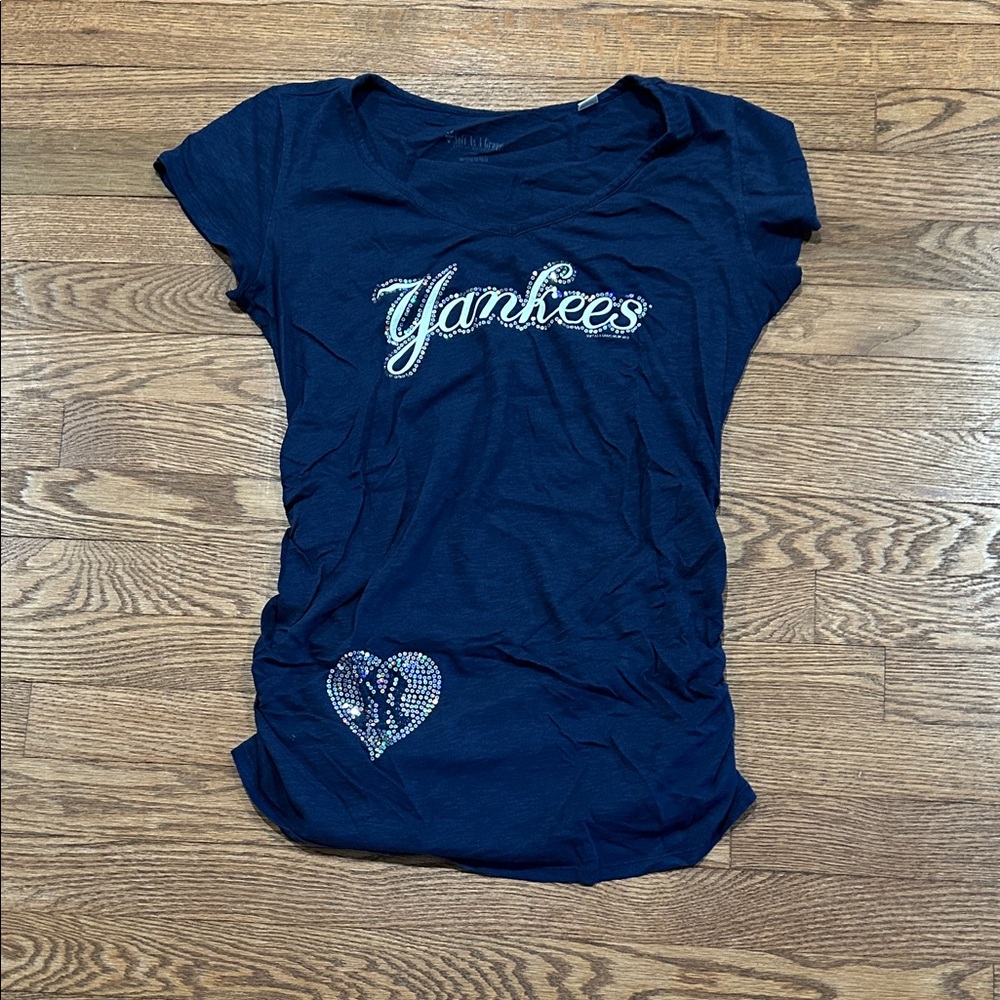 Motherhood Maternity Navy Yankees Short Sleeve Tee with Sequins Heart